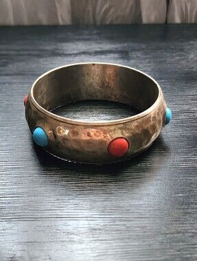 Hammered Brass Bangle with Red and Turquoise Stones